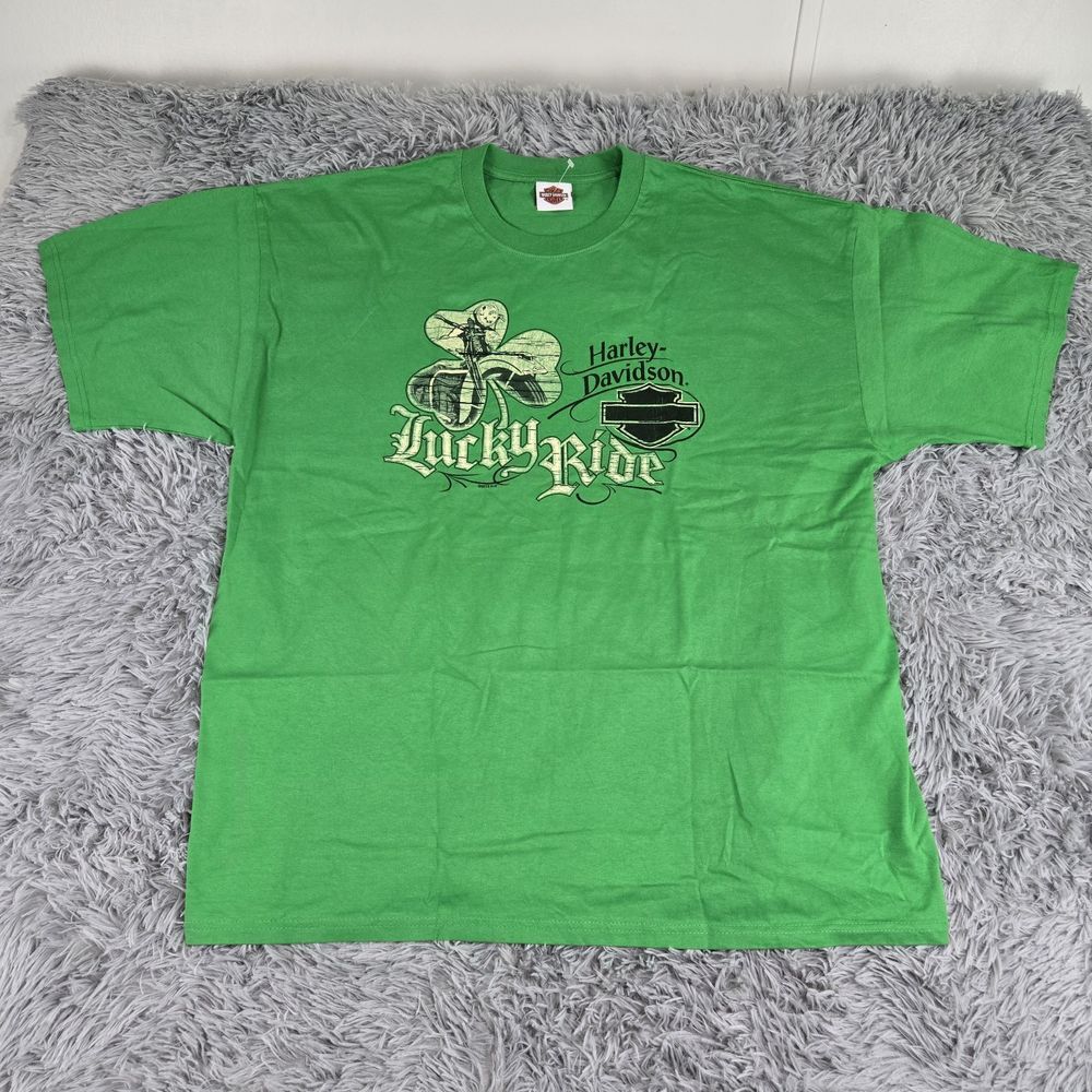 Harley Davidson Hanes Beefy T Lucky Ride Men 3XL Green S/S Crew Neck‎ T-Shirt